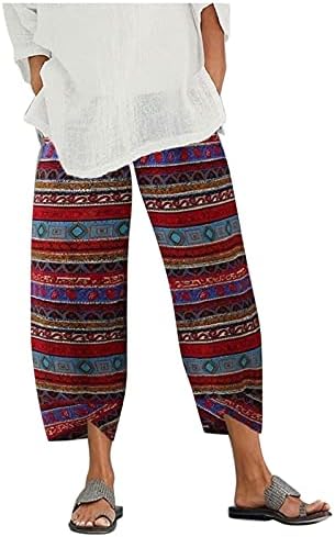 מכנסי פשתן כותנה קצוצים לנשים לנשים מכנסי קפרי מזדמנים עם כיסים עם מכנסי חוף נוח של בוהו נוח