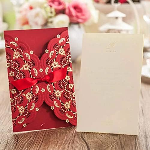Jofanza 50 pcs כרטיסי הזמנות לחתונה אדומה עם נייר כסף פרחוני זהב ופלייזר לייזר חתוך הזמנה למעורבות חתונה Quinceanera