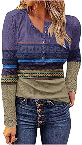 נשים של סוודר ארוך שרוול בציר גרפי טי חולצה הנלי כפתור חולצות בסיסי מצולעים לסרוג סוודר חולצות