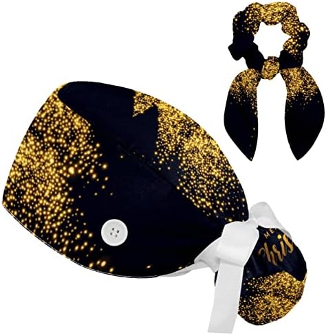 מכסה עבודה של עץ חג המולד של נוצץ הזהב עם כפתורים, כובע קרצוף שיער ארוך עם שיער קשת מחזיק קוקו מצמצם