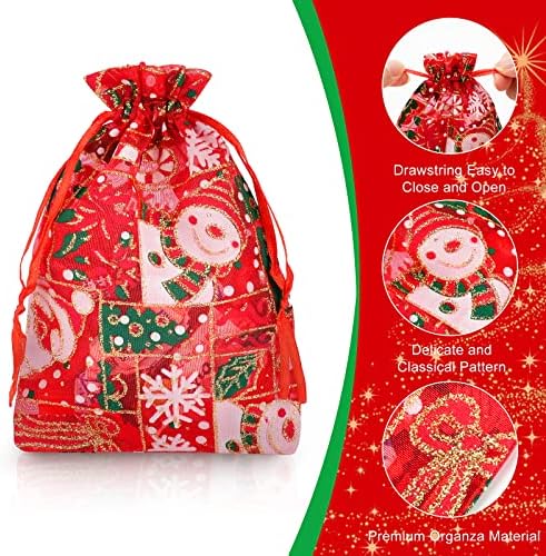 60 יחידות שקיות מתנת אורגנזה לחג המולד שקיות ממתקי תכשיטים עם סנטה קלאוס, גרבי חג המולד, כובעי חג המולד למסיבת