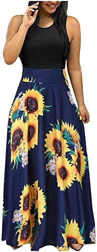 בוהו שמלת קיץ לנשים מוצק פרחוני הדפסת שחבור מקסי שמלת אופנה נדנדה שמלה ללא שרוולים מקרית ארוך שמלות