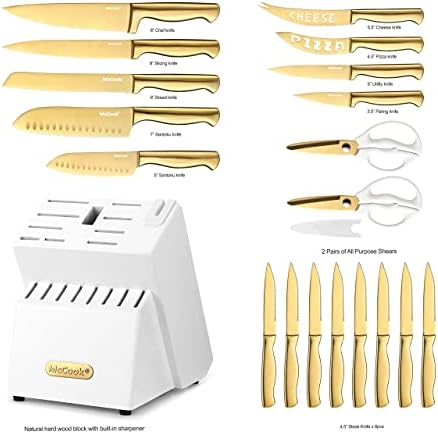 מטבח סכין סטים, 20 חתיכות יוקרה זהב טיטניום סכיני בלוק סט עם מובנה מחדד