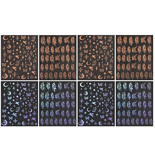 8 גיליונות פרפר נייל מדבקות אורורה נייל אמנות מדבקות מדבקות עצמי דבק נייל עיצוב מדבקות מתכתי כוכב ירח אביב