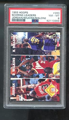1993-94 Hoops 283 מנהיגי הליגה בניקוד מייקל ג'ורדן דומיניק וילקנס קארל מלון PSA 8 כרטיס כדורסל מדורגת NBA 93-94