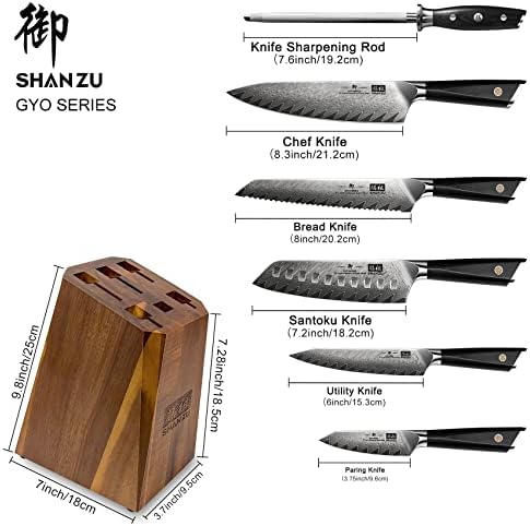 סט סכיני מטבח דמשק, ערכות סכינים מקצועיות של שאן זו 7 חלקים לשפים, פלדת סופר 10 וולט יפנית עם סט בלוק סכין ידית