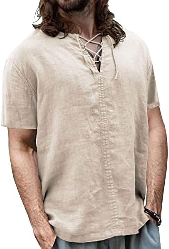 KJiakjn גברים כותנה ימי הביניים חולצת רנסנס רטרו סגנון V-Neck Late Up tunice שרוול ארוך טוניקה