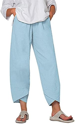 מכנסי נשים מותניים אלסטיים פשתן זורם מכנסי קפרי לאדיות קיץ מזדמן שקיק קטן צבע מוצק שרוך מכנסי טרנינג