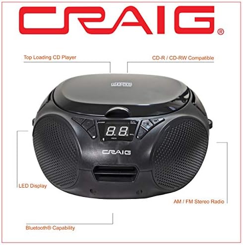 CRAIG CD6925BT-BK נייד סטריאו טעינה נייד CD Boombox עם רדיו סטריאו AM/FM וטכנולוגיית אלחוטית Bluetooth
