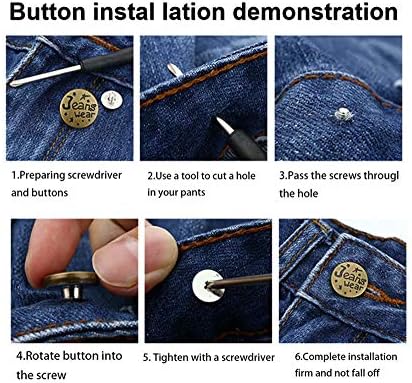 12 כפתורי ג'ינס החלפת הגדר, אין תפירה של כפתורי ג'ין מתכת נשלפים ערכת תיקון תיקון להחלפה, עם מברג, מתאימה לכל