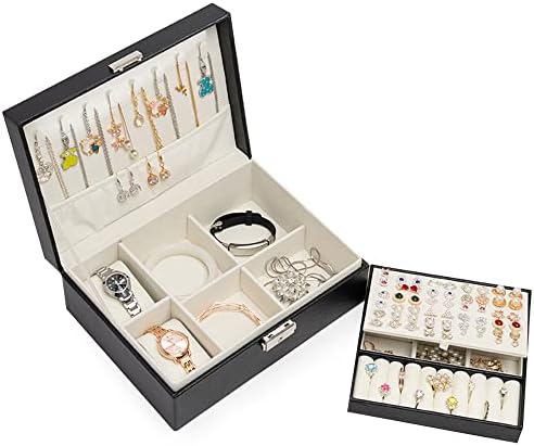 קופסאות תכשיטים של XMJXBOX לנשים 2 שכבות PU Leaather מארגן תכשיטים מארגן תכשיטים הניתן לנעילה מארז לשעונים