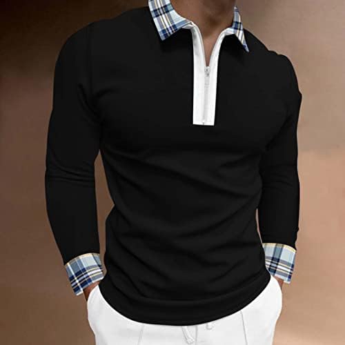 חולצות פולו גולף לגברים של ZDDO, עבודת אופנה טלאי טלאים משובצים משובצים פסים רגילים מתאימים צווארון