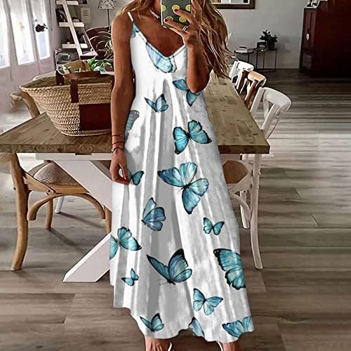 שמלות קיץ לנשים ספגטי רצועות ללא שרוולים הדפסת מקסי שמלות צווארון מזדמן רופף חוף שמלה
