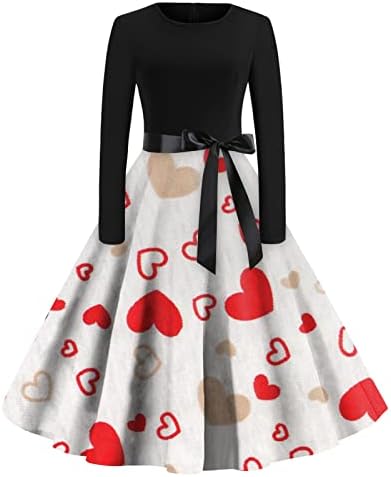מתנות ליום האהבה לשרוול הארוך של הנשים שלה משנות החמישים קוקטייל וינטג 'שמלות נדנדה שמלות הדפס לב שמלות