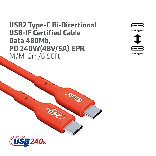 Club 3D USB2 Type-C כבל מוסמך USB-IF דו כיווני, נתונים 480MB, PD 240W EPR M/M 2M/6.56FT CAC-1573