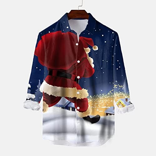 WOCACHI חג מולד שמח כפתור שרוול ארוך של גברים למטה, חג המולד סנטה קלאוס הדפס באולינג חולצות חולצות