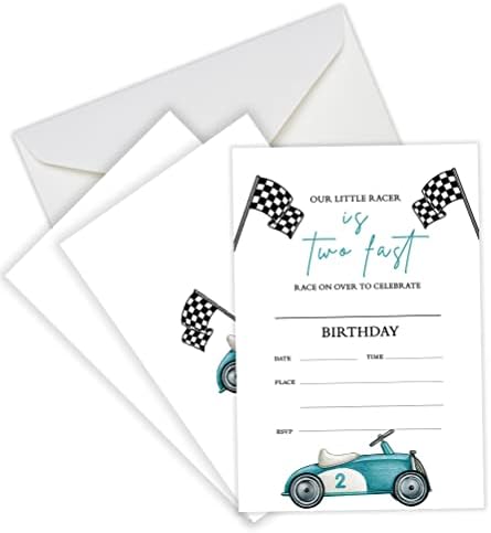 Mopwe 20 חבילה שתי הזמנות למסיבת יום הולדת 2 מהירה עם מעטפות, הזמנה למסיבת נושא לרכב המירוץ לבנות בנות,