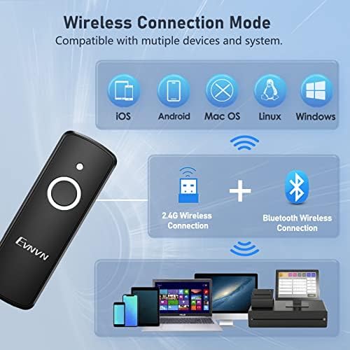 EVNVN MINI 2D סורק ברקוד אלחוטי תואם ל- Bluetooth, 2.4 גרם סורק קוד QR נייד נייד 1D 2D למלאי, קורא תמונת ברקוד