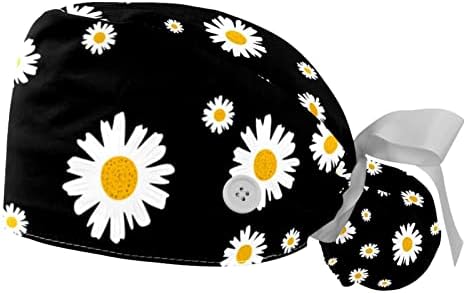 2 חבילות כובע ניתוח עם רצועת זיעה, כובעי בופנט נושמים שיער ארוך, כובעי קרצוף אחות מתכווננים פרח חיננית