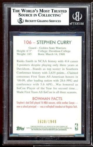 כרטיס טירון של סטיבן קארי 2009-10 באומן 48 כחול 106 BGS 9 - כרטיסי טירון של כדורסל כדורסל