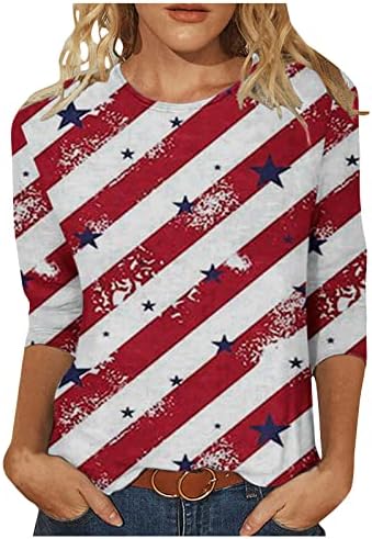 אורך המרפק 4 ביולי צמרות לנשים 2023 חולצות הדפס דגל אמריקאי