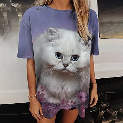 קיץ נשים חמוד חתול מודפס בתוספת גודל חולצות קצר שרוול מזדמן גרפי טיז זורם רופף בכושר טוניקת חולצת טי