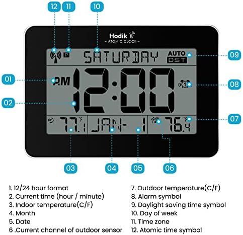 שעון אטומי Hodik עם טמפרטורת חיצונית מקורה אלחוטית, תצוגת LCD גדולה בגודל 11.4 אינץ