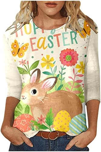 חולצות פסחא מזדמנות לנשים חג הפסחא יום עגול צוואר עליון ארנב חמוד מודפס 3/4 חולצת טריקו שרוול