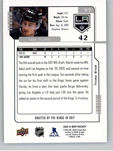 2020-21 סיפון עליון MVP 20 שנה כוכב שלישי 97 Gabe Vilardi Los Angeles Kings כרטיס מסחר בהוקי NHL