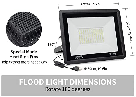 2 חבילות LED 100W Light Work Light, IP6610000LM Floodlight Floodlight עם תקע, 5000K אור יום לבן,