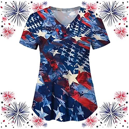 4 ביולי חולצת טי לנשים דגל אמריקאי קיץ שרוול קצר חולצת טי עם 2 כיסים בגדי עבודה מזדמנים לחג מצחיק