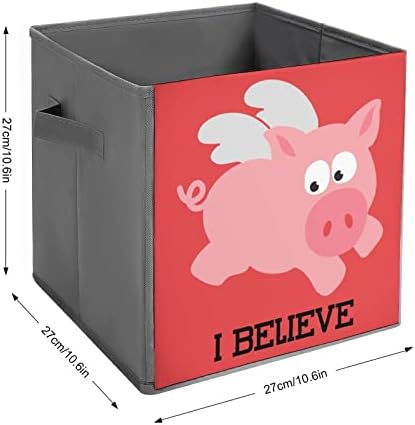 חזיר מעופף אני מאמין שקוביות אחסון בדים מתקפלות קופסאות קופסאות אחסון 11 אינץ 'עם ידיות עם ידיות