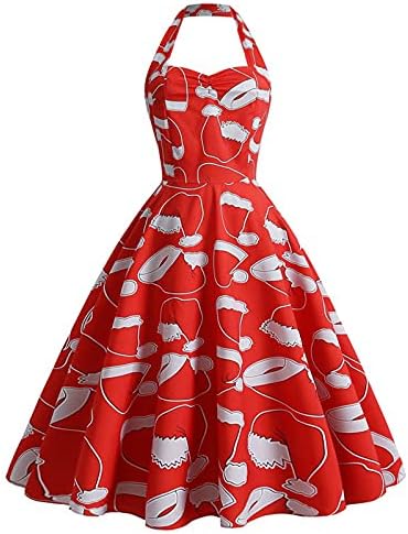 שמלת וינטג 'חג המולד נשים משנות החמישים שמלת רוקבילי נדנדה רטרו הפבורן בסגנון הלטר מכוערת הדפס