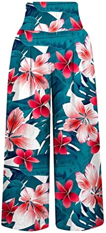 נשים בקיצות קיץ מותניים גבוהות פשתן כותנה מכנסי פלאצו מודפסים רגל רחבה מכנסי מכנסי טרקלין ארוכות