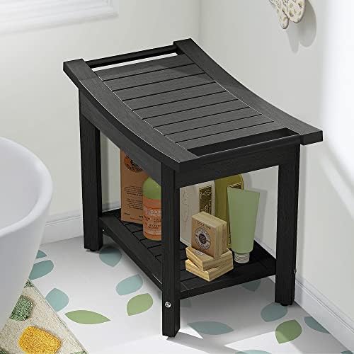 ספסל מקלחת של DWVO פולי עץ, שרפרף מקלחת עם ידיות מדף אחסון, עמיד במים מושב מקלחת ללא החלקה, כיסאות