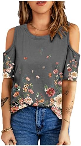 צמרות שרוול קצר של נשים NXXYEEL מוטלות פרחים מודפסים כתף קרה חולצה צוואר עגול קיץ סוודר טוניקה טוניקה