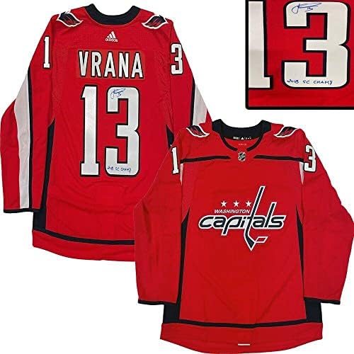 Jakub Vrana חתמה על בירות וושינגטון אדום אדידס פרו ג'רזי - 2018 אלופות SC - חתימות גופיות NHL