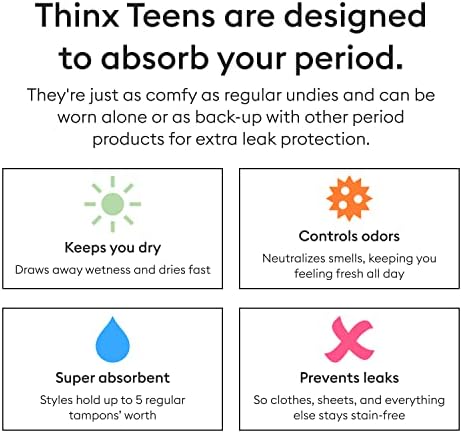 תחתונים של בני נוער Thinx בני נוער לבני נוער, תחתוני כותנה מחזיקים 5 טמפונים, תחתונים של תקופת טיפול נשי