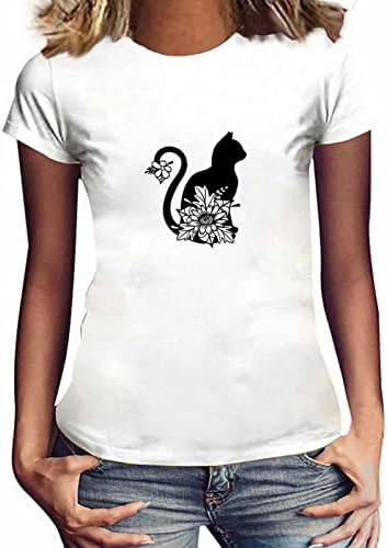 חולצת טי חמודה לנשים צמרות ג'וניור בנות נערות חתול חמוד גרפי גרפי שרוול קצר צוואר עגול צוואר