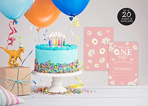 הזמנות יום ההולדת הראשון של Qofo הקטנה של דייזי-של 20 עם 20 עם מעטפות, נושא עיצוב פרחים, לימי