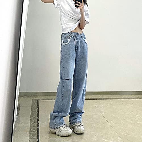 מכנסי ג'ינס קרועים נשים כפתור פעמון רופף חור ברך כיס מגפיים מזדמן פלוס מכנסי ג'ינס רזים בגודל מכנסיים