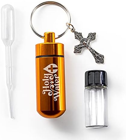 בקבוק מים קדושים קתוליים, ערכת מיכל מחזיק מפתחות זהב עם קרופר מפלסטיק ובקבוקון זכוכית קטן עם מחזיק מפתחות מתכת