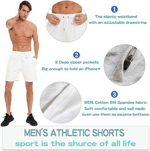 Healong Mens Stallic Shorts Cotton: אימון אימון אימון אימונים - 7 אינץ 'ספורט אופנה עם כיסי רוכסן