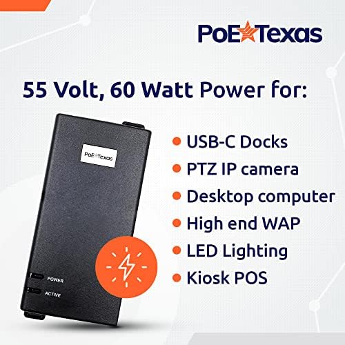 POE TEXAS 60 WATT POE מזרק - 802.3BT POE ++ יציאה יחידה 4 -פיגורי כוח על מזרק אתרנט - מתאם POE פעיל
