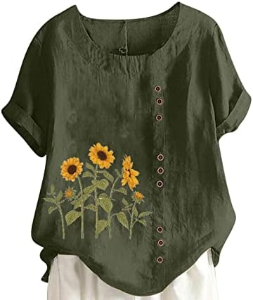 צמרות קיץ של Tuianres לנשים לחצני כותנה פשתן חמניות הדפס חולצת טש חולצת פלוס גודל שרוול קצר טי