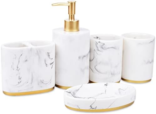 סט אביזרים עליון של דלפק חדר אמבטיה בן 5 חלקים - מתקן לסבון או קרם נוזלי, צלחת סבון, מחזיק מברשת