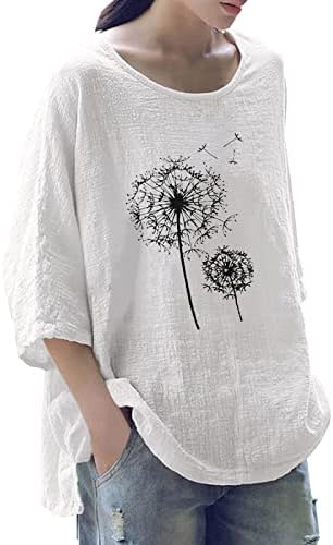 חולצת פשתן של נשים, הדפס גרפי פרח צוואר עגול 3/4 שרוולים רופפים פשתן כותנה רופפת צמרות נשים עליונות
