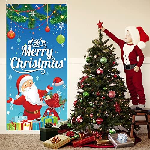 קפמוב כיסוי דלת חג מולד שמח, כרזה לקישוט דלתות חג המולד, באנר כחול סנטה חג המולד תאי צילום תאי