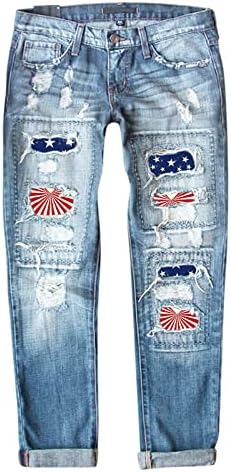 מכנסיים מיאשוי לנשים גודל 20 נשים ג ' ינס יום עצמאות הדפסת מכנסיים קרועים שנצפו לאחרונה