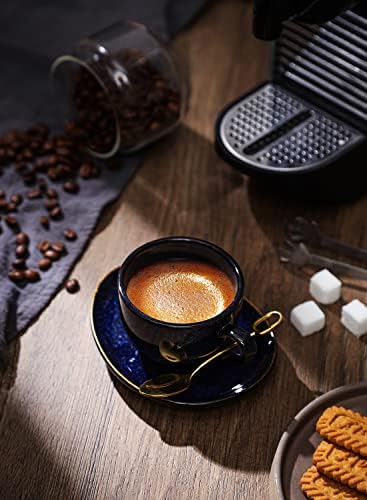 Vicrays Ceramic Cepresso Coffee Cups מכוונים 4 כוסות אספרסו חרסינה עם כפיות צלוחיות ומתכת עמדת מתכת לתה קפה